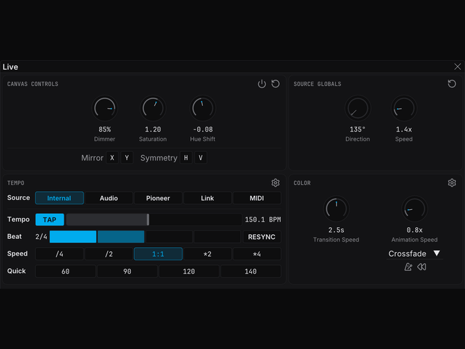 FXCanvas Live panel tempo section with tap tempo, BPM modifiers, and quick set buttons