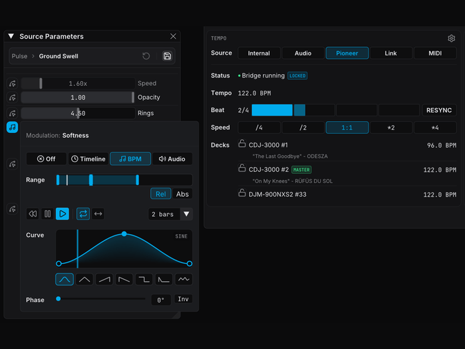 FXCanvas locked to a CDJ at 122 BPM, with a source parameter riding that tempo