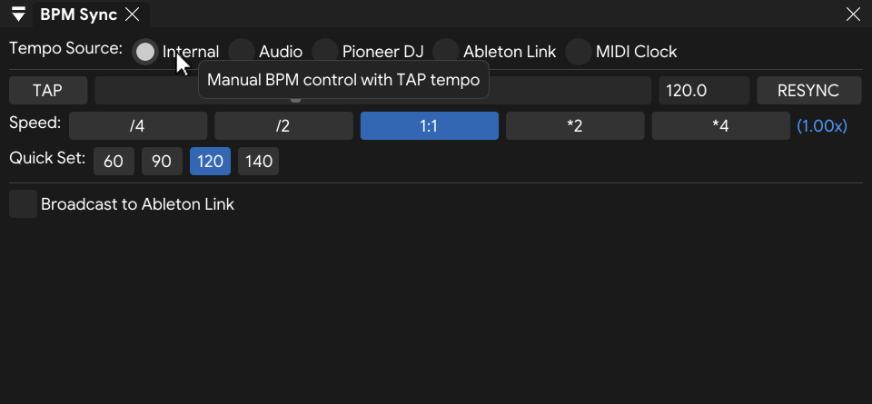 FXCanvas BPM sync panel with five tempo sources and speed multipliers