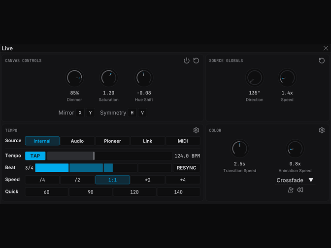 FXCanvas busking view with global color, dimmer, speed, and direction control