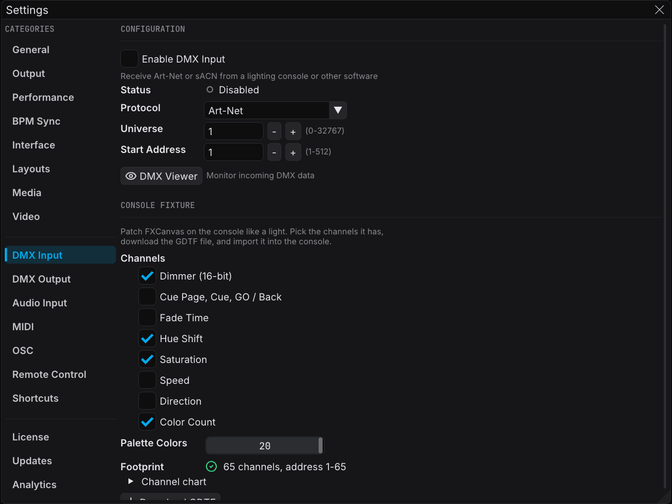 The FXCanvas console fixture setup: pick the channels the desk controls, then patch the GDTF