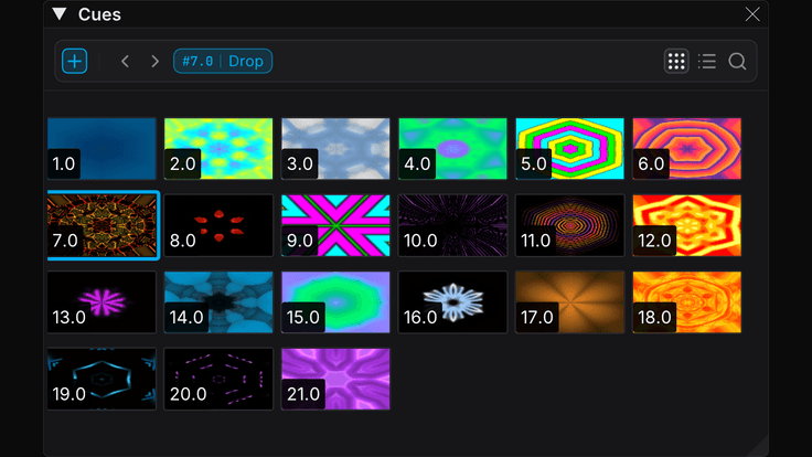 FXCanvas cue grid showing numbered snapshots of complete visual looks