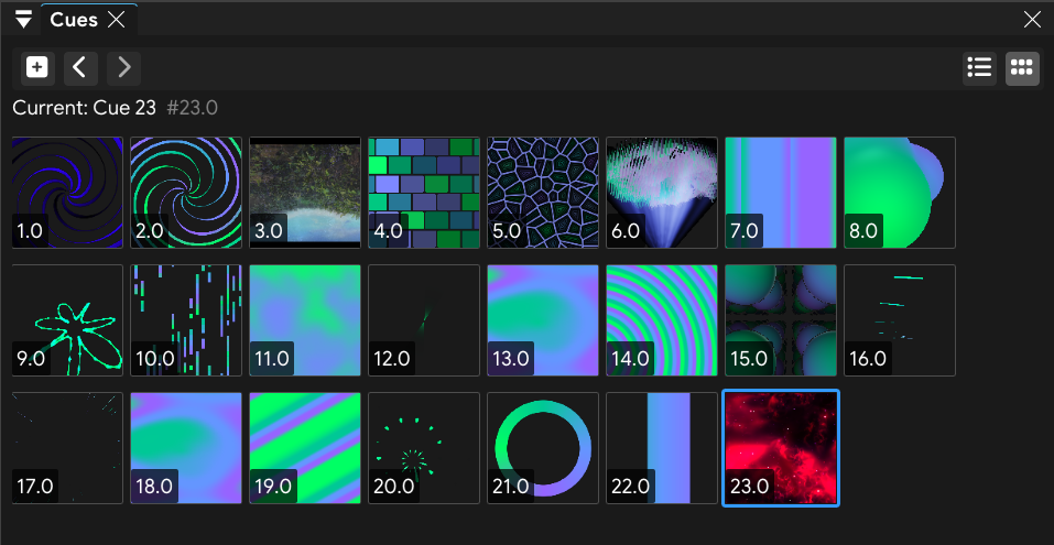 FXCanvas cue grid showing numbered snapshots of complete visual looks