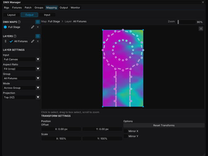 An imported MVR rig in FXCanvas with the show canvas mapped across every fixture