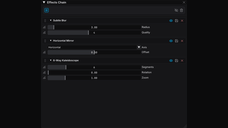 FXCanvas effects chain with per-parameter BPM and audio reactivity and waveform shaping