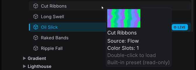 Hovering a source preset in FXCanvas previews that source in the current palette and effects chain