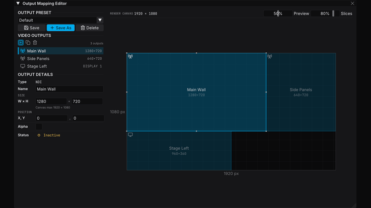 FXCanvas Output Mapping Editor placing NDI, Spout, and Display outputs on the canvas