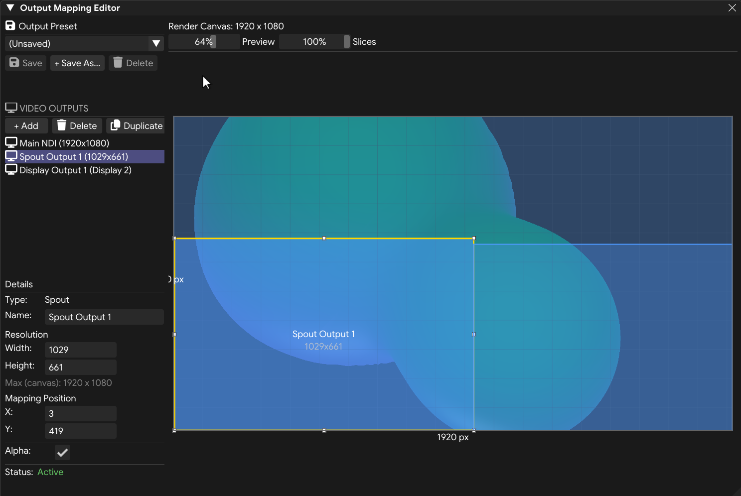 FXCanvas Output Mapping Editor placing NDI, Spout, and Display outputs on the canvas