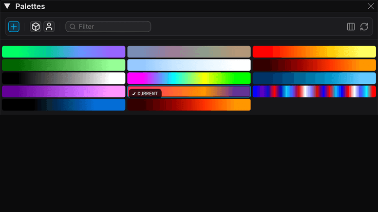 FXCanvas palette library showing live gradient thumbnails for each palette