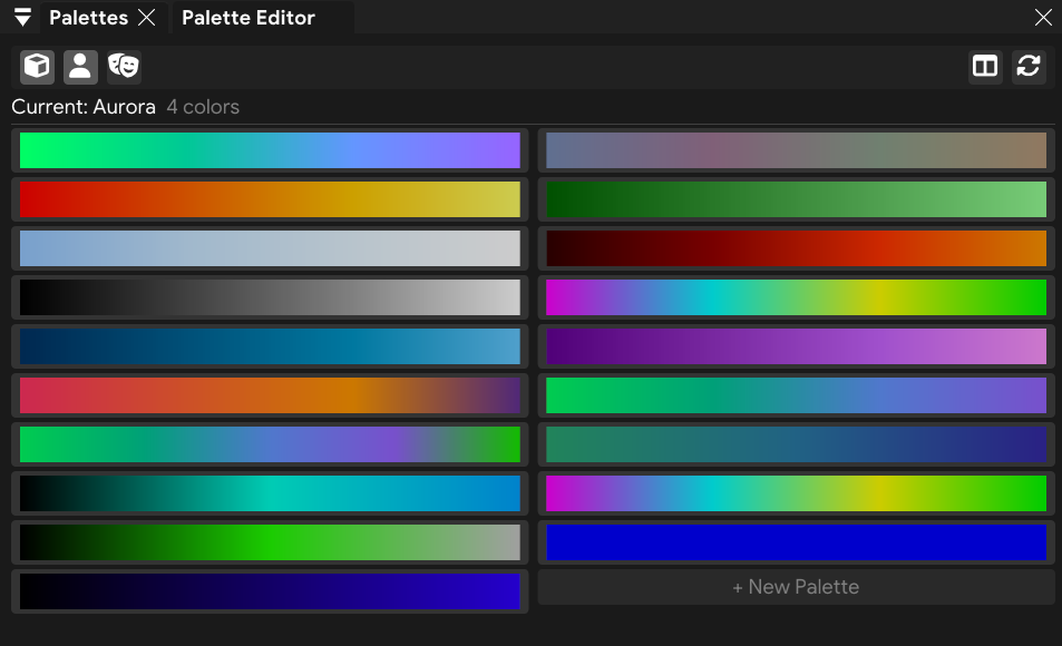 FXCanvas palette library showing live gradient thumbnails for each palette