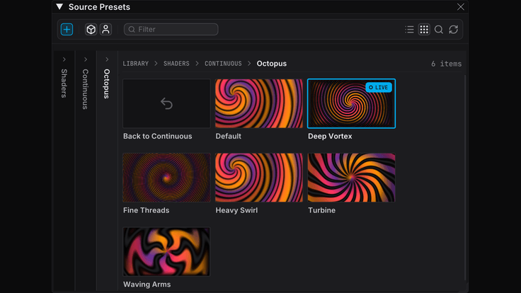 FXCanvas source browser with presets grouped by source and a live hover preview