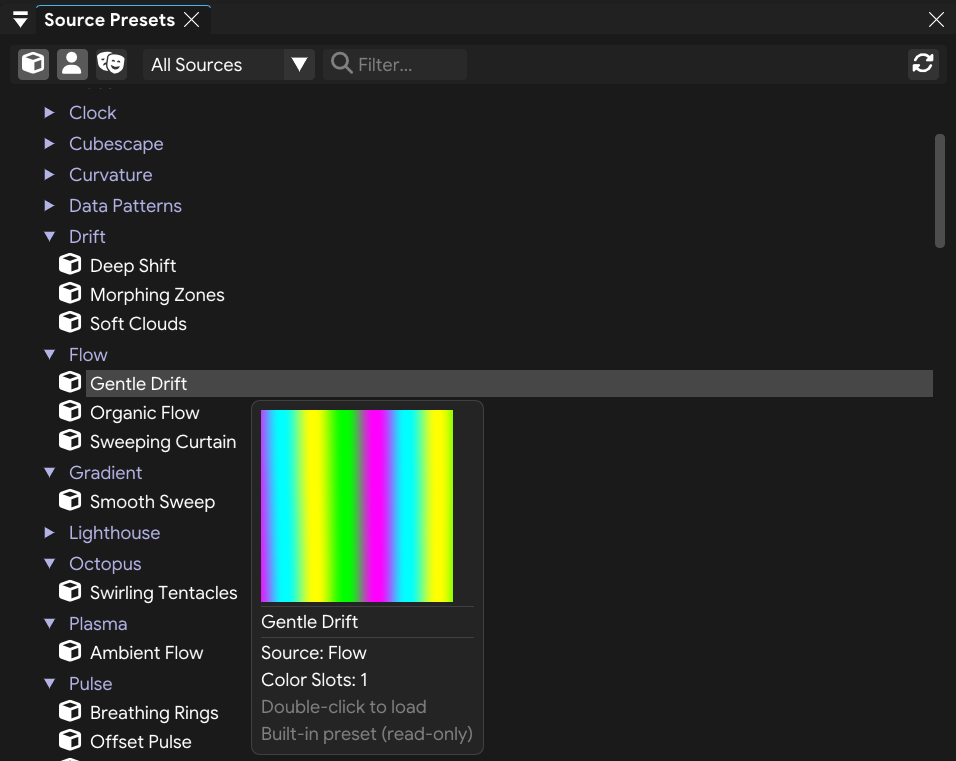 FXCanvas source browser with presets grouped by source and a live hover preview