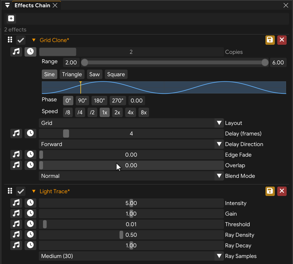 FXCanvas effects chain with per-parameter BPM and audio reactivity and waveform shaping